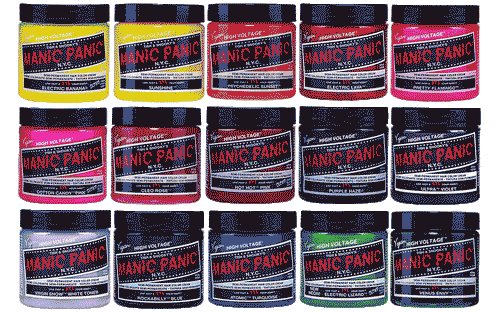 Multiple jars of manic panic hair dye in various vibrant colors, lined up in rows, displaying a range of shades including pink, red, purple, blue, and green.