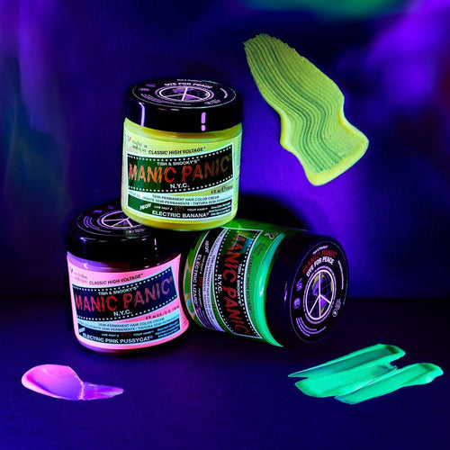 Three neon dye swatches next to jars of Manic Panic Electric Banana, Electric Lizard and Cotton candy  Dyes.