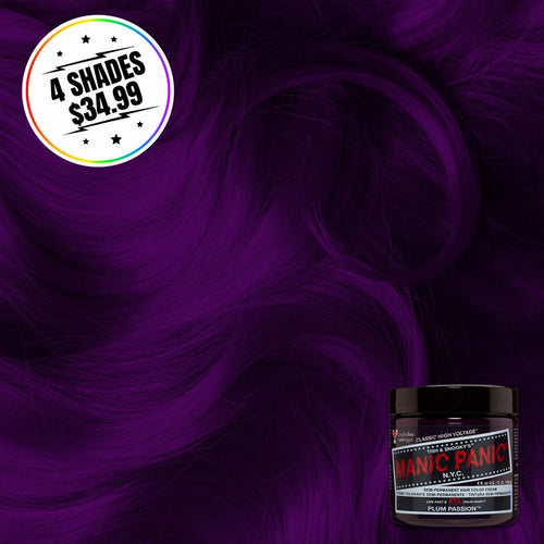 A jar of hair color with a hair swatch background. Sticker states buy 4 shades for $34.99