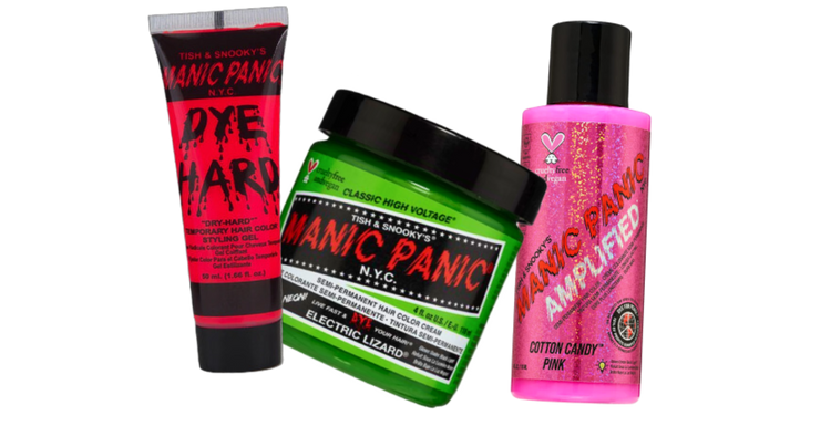 A vibrant display of Manic Panic Dyes in various colors and types, perfect for creating bold and unique hair looks.