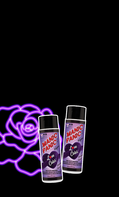 Two bottles of Manic Panic Purple Rose Love Color Conditioner in front of a purple rose on a black Background