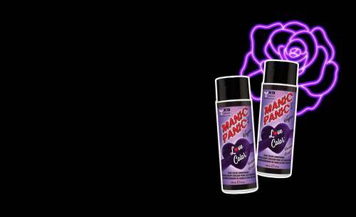 Two bottles of Manic Panic Purple Rose Love Color Conditioner in front of a purple rose on a black Background