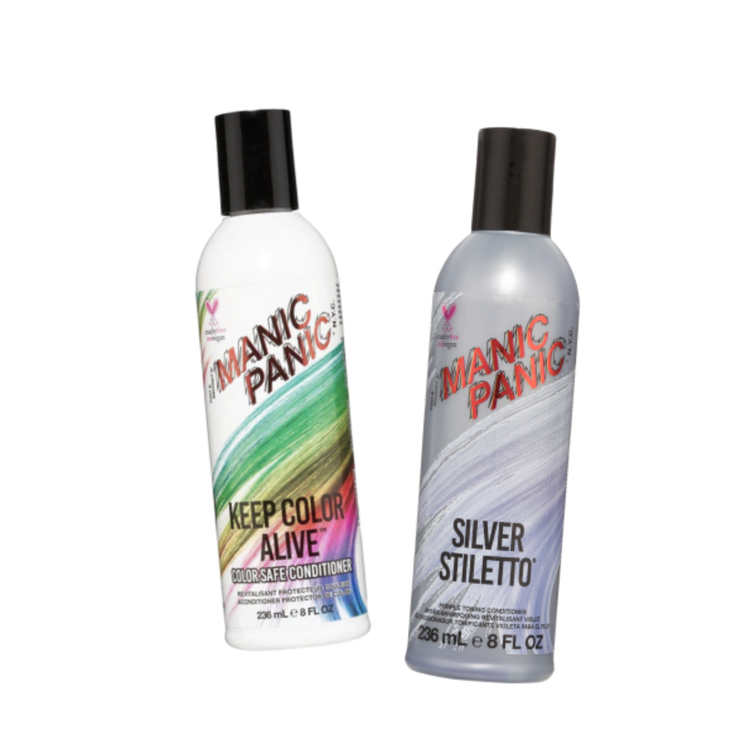 Two bottles from the Manic Panic hair care line, one labeled "keep color alive" and the other "silver stiletto," against a white background.