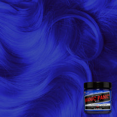 A jar of Blue Moon hair color with a hair swatch background. 