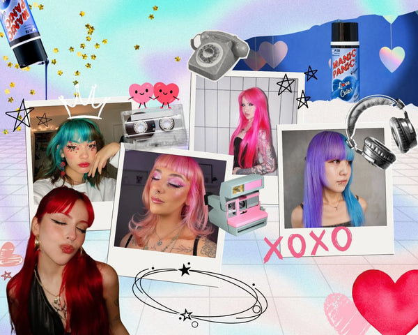 Manic Panic Love Color® Conditioner shades Blue Valentine, Red Desire, Rock N Roll Red, and Fuschia Fever — bold Valentine's hair color inspiration