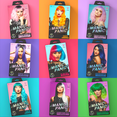 Bold Manic Panic® hair color looks in vivid pink, blue, green, and purple tones displayed in a colorful grid