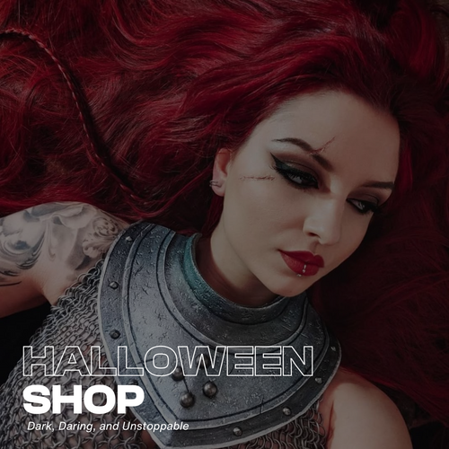 Red-haired woman in armor with bold makeup, Halloween Shop banner.