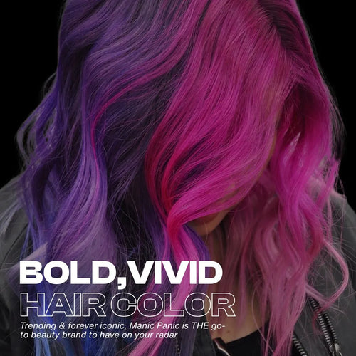 Model, pink money piece, purple hair, facing forward, text bold, vivid haircolor, trending and forever iconic manic panic is the go to beauty brand for your 