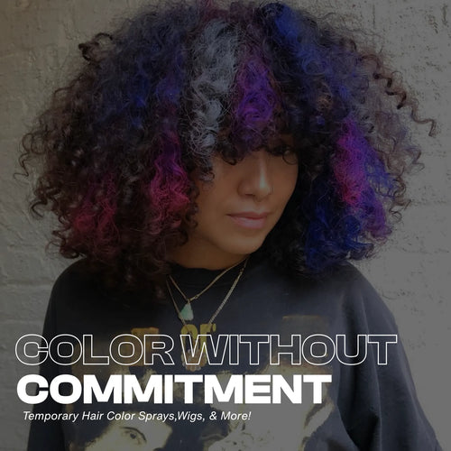 Person with curly dark hair featuring vivid purple and pink highlights,Text overlay reads ‘Color Without Commitment – Temporary Hair Color Sprays, Wigs, & More!