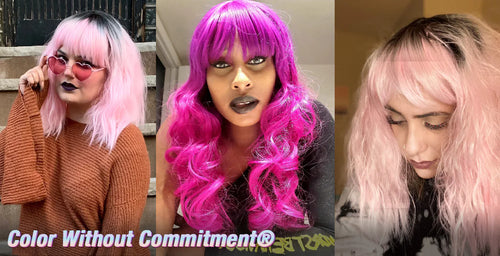 Three women showing vibrant pink hair transformations with Manic Panic® wigs and color extensions. Temporary hair color and wigs for festival, seasonal, and Halloween looks. Text overlay: Color Without Commitment®