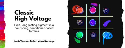 Classic High Voltage semi-permanent hair dye banner featuring bold UV-reactive colors in a tic-tac-toe layout with nourishing, vegan hair color jars and swatches