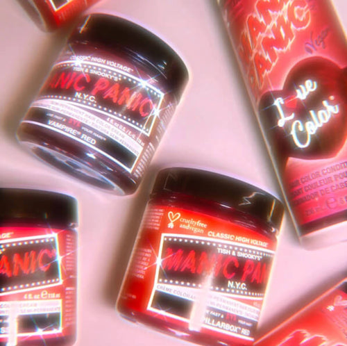Manic Panic red semi-permanent hair dye shades with Vampire Red, Pillarbox Red, Vampire’s Kiss, and Red Desire Color Conditioner.