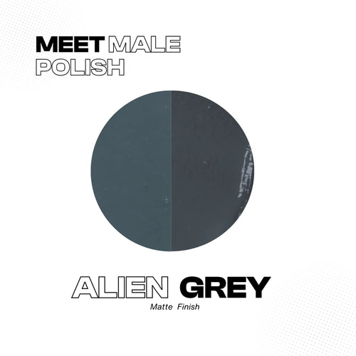 Manic Panic Male Polish Alien Grey nail polish swatch showing matte smoky grey finish. Vegan, cruelty-free nail lacquer