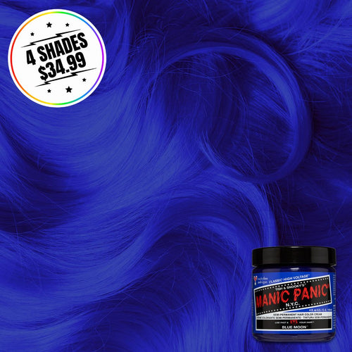 A jar of Blue Moon hair color with a hair swatch background. Sticker states buy 4 shades for $34.99