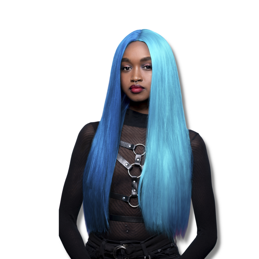 Person with long blue hair wearing a black outfit with silver accents on a white background