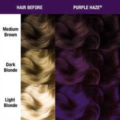 Comparison of hair color changes using 'Purple Haze' product, showing medium brown, dark blonde, and light blonde hair.