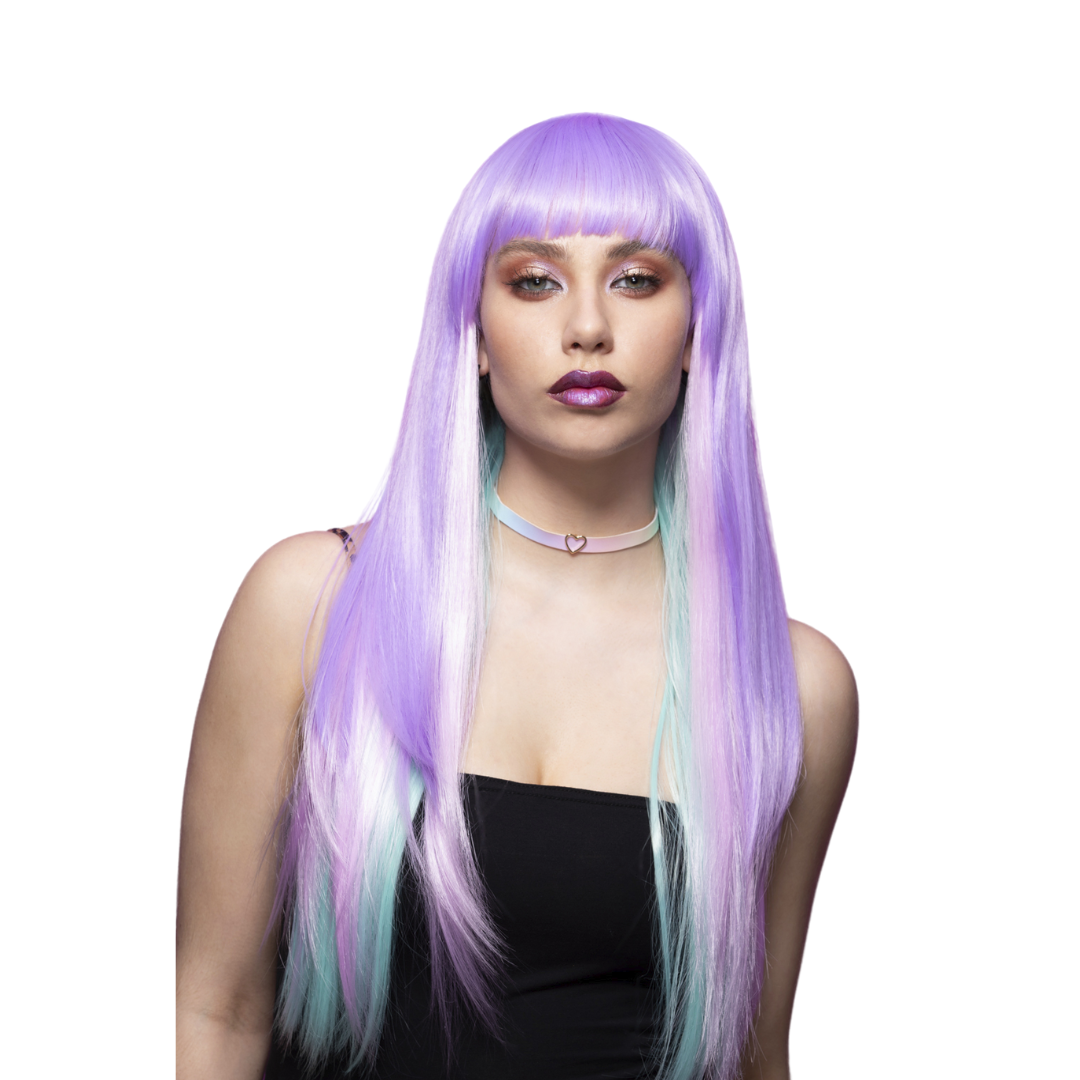 Smiffys Manic Panic Raven Virgin Perücke – Lange, Glatte Haare Mit Pony, Hitzebeständig Für Halloween & Cosplay