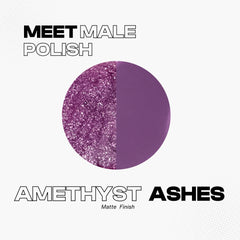 Manic Panic Male Polish Amethyst Ashes nail polish swatch showing half glittery purple and half matte purple finish. Text reads ‘Meet Male Polish Amethyst Ashes – Matte Finish