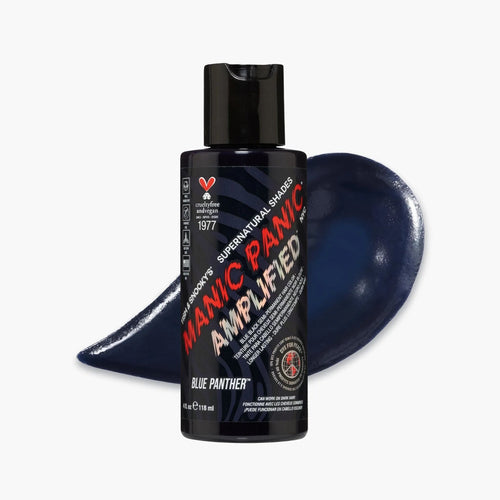 Manic Panic Amplified Blue Panther hair color bottle with a swatch of blue-black hair color on a white background