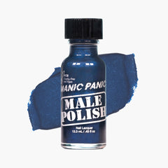 Bottle of Manic Panic Male Polish nail lacquer with a blue swatch on a white background