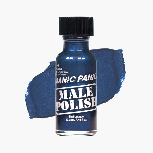Bottle of Manic Panic Male Polish nail lacquer with a blue swatch on a white background