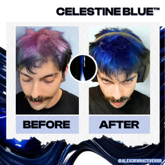 Before and after comparison of hair color transformation using Celestine Blue product.