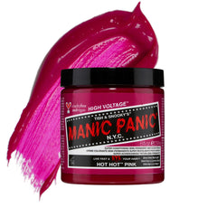 close-up of manic panic hot hot pink classic high voltage hair dye with a liquid texture swipe behind the jar of dye.