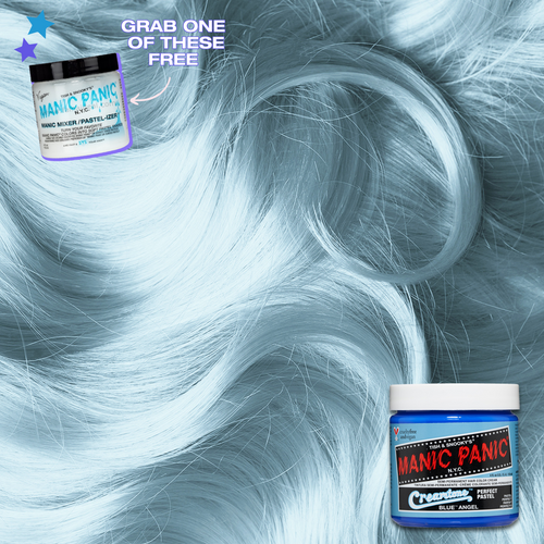 A jar of Blue Angel hair color with a hair swatch background