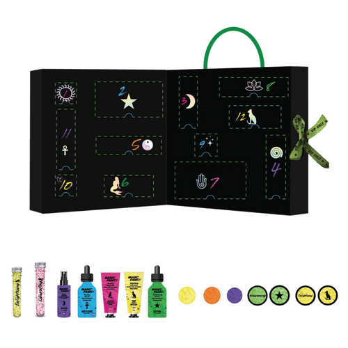 A festive makeup advent calendar filled with various beauty items. MANIC PANIC 12 DAYS OF BEAUTY KIT.