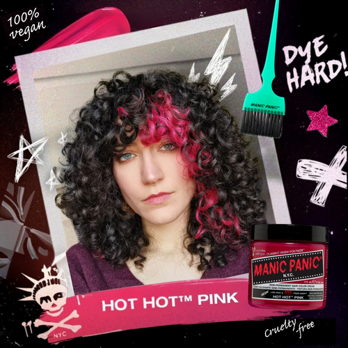 Model with curly hair dyed in Hot Hot Pink Classic money-piece in dark brown hair, displaying a vivid, eye-catching pink hair color for a fun and edgy look. 