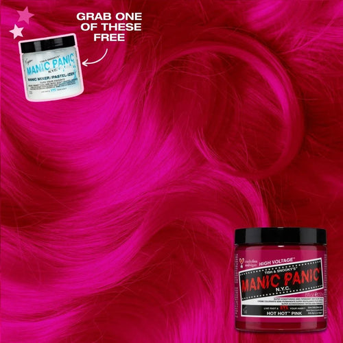 A wavy hair swatch in the background. 2 Jars overlayed, one of the Hot Hot Pink hair color, the other of a jar of pastelizer with text explaining you receive  FREE PASTELIZER WITH THIS SHADE PURCHASE.