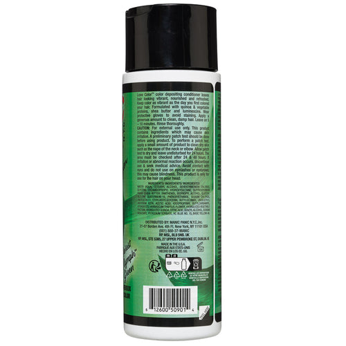 Black cylindrical bottle displaying detailed ingredient information and usage instructions in multiple languages, set against a white background, featuring Manic Panic® LOVE COLOR™ Forest Nymph Green® CONDITIONER.
