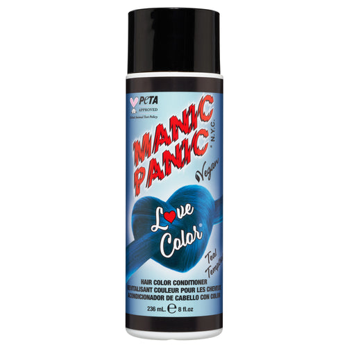 A bottle of Manic Panic® LOVE COLOR™ Teal Tempttress hair conditioner in "Love Color" shade with a red and black design, marked as vegan and PETA-approved, containing 236 mL of product.