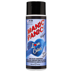 A bottle of Manic Panic® LOVE COLOR™ BLUE VALENTINE® conditioner. The packaging features red and blue graphics with text emphasizing the vegan formulation.