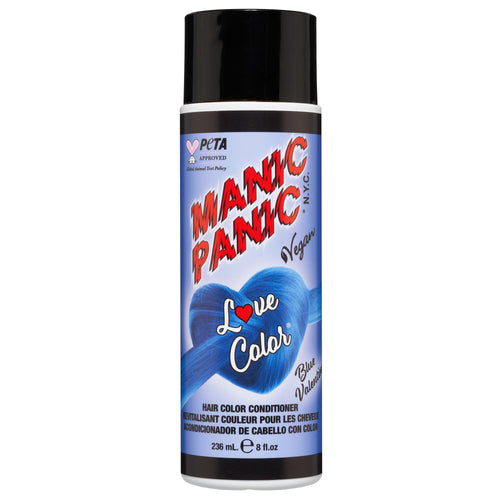 A bottle of Manic Panic® LOVE COLOR™ BLUE VALENTINE® conditioner. The packaging features red and blue graphics with text emphasizing the vegan formulation.
