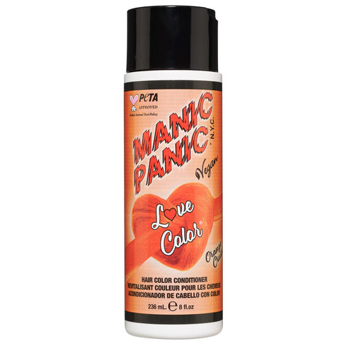 A bottle of Manic Panic® LOVE COLOR™ Orange Crush hair conditioner in "Love Color" shade with a red and black design, marked as vegan and PETA-approved, containing 236 mL of product.