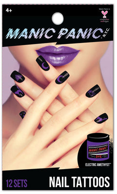 A package of Manic Panic nail tattoos in Black with various designs in the color Electric Amethyst