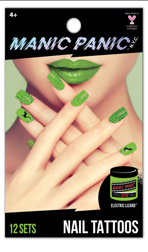 A package of Manic Panic nail tattoos in Electric Lizard with various designs in the color Black