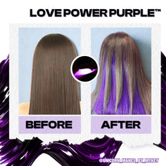 Before and after comparison of hair color transformation with purple highlights, branded 'Love Power Purple'.