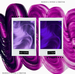 Before and after comparison of purple hair color treatment with swirling purple and pink hair strands.