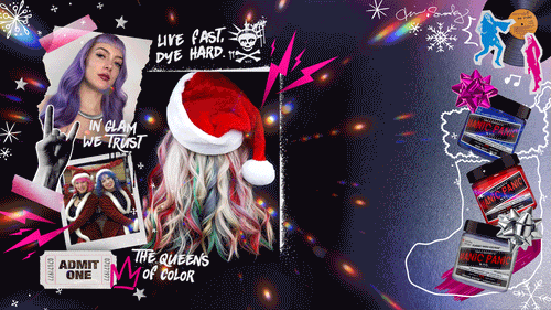 Festive Manic Panic holiday graphic featuring vibrant rainbow hair under a Santa hat, collage-style photos of models with bright pink and pastel hair, and jars of Manic Panic hair dye wrapped with bows. The design includes punk-inspired doodles, lightning bolts, and holiday elements like snowflakes and a gingerbread figure, highlighting Manic Panic’s colorful, alternative beauty aesthetic.
