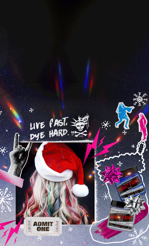 Festive Manic Panic holiday graphic featuring vibrant rainbow hair under a Santa hat, collage-style photos of models with bright pink and pastel hair, and jars of Manic Panic hair dye wrapped with bows. The design includes punk-inspired doodles, lightning bolts, and holiday elements like snowflakes and a gingerbread figure, highlighting Manic Panic’s colorful, alternative beauty aesthetic.