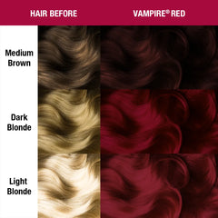 Comparison of hair color changes from medium brown, dark blonde, and light blonde to Vampire Red.