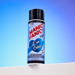 A bottle of Manic Panic® LOVE COLOR™ BLUE VALENTINE® conditioner. The packaging features red and blue graphics with text emphasizing the vegan formulation.