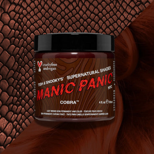 Manic Panic Cobra light brown hair color dye jar on top of a split diagnal background of brown cobra skin and a light brown wavy swatch  textured background