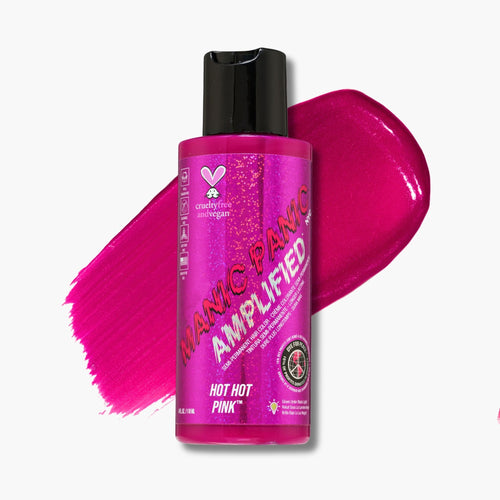 Pink bottle of 'Manic Panic Amplified' hot pink hair dye with a swatch on a white background