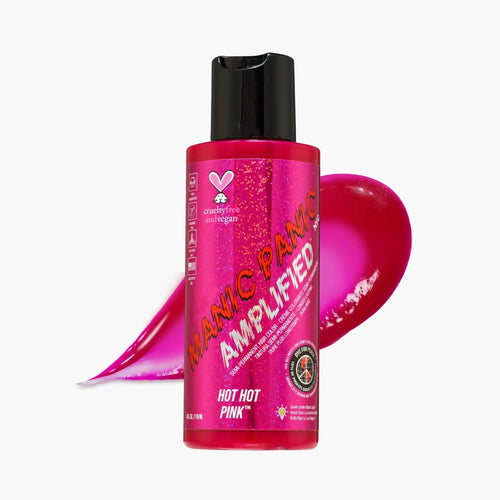 Manic Panic Amplified Hot Hot Pink hair color bottle with pink color swatch on a white background