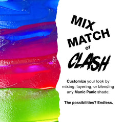 Colorful layered product with text promoting mixing and layering of Manic Panic shades.