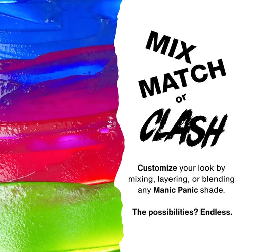 Colorful layered product with text promoting mixing and layering of Manic Panic shades.