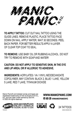 Black and white instruction on and cautions on how to apply Manic Panic Nail Tattoos